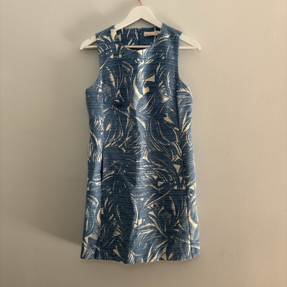 Tory Burch Tabora Shift Dress Blue White Tropical Palm Print 8 Linen Cotton Chic - Picture 2 of 12